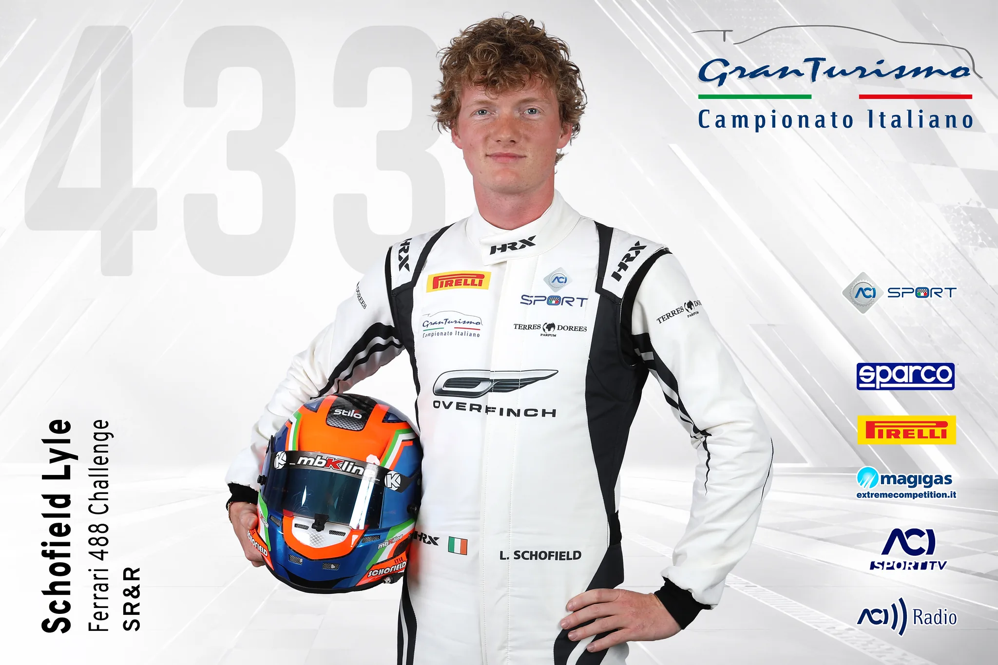 Official 2026 Italian GT driver card for Lyle Schofield, car 433, Ferrari 488 Challenge, SR&R